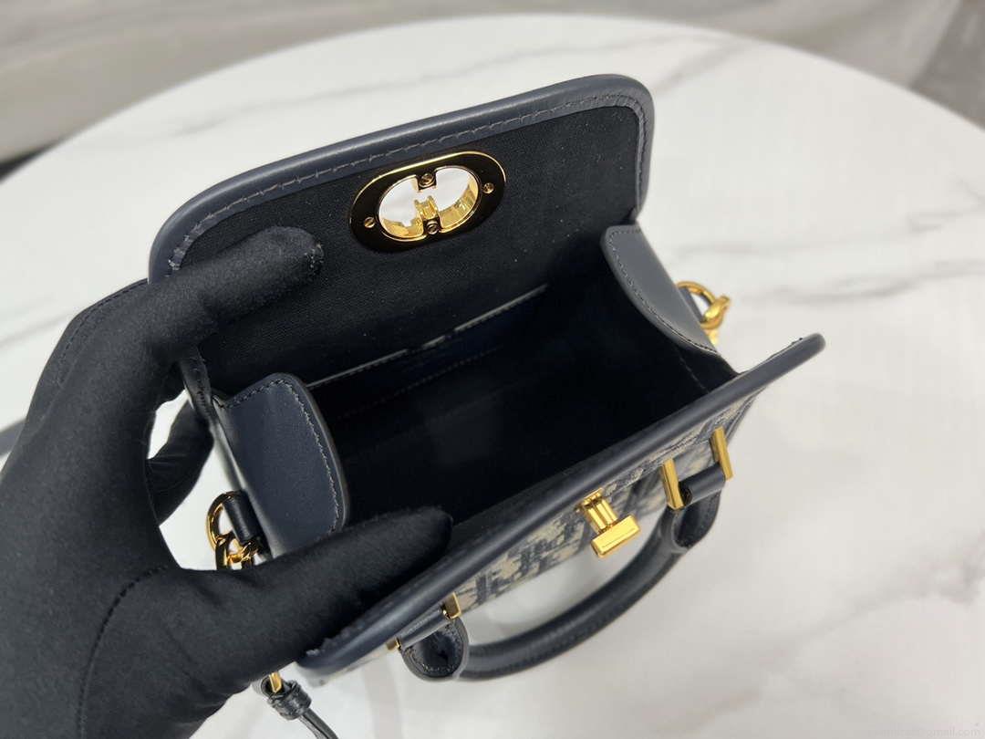 Dior M8671UBEQ_M900 Small Boston bag Navy Blue box Oblique Embroidery and Smooth Calfskin