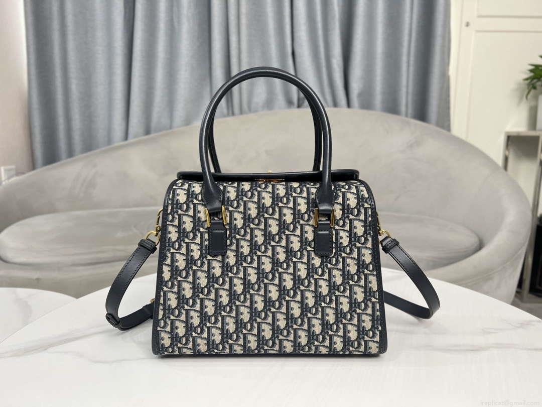 Dior M8675 Medium Boston bag Navy blue box Oblique Embroidery and Smooth Calfskin