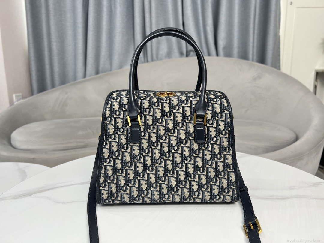 Dior M8675 Medium Boston bag Navy blue box Oblique Embroidery and Smooth Calfskin