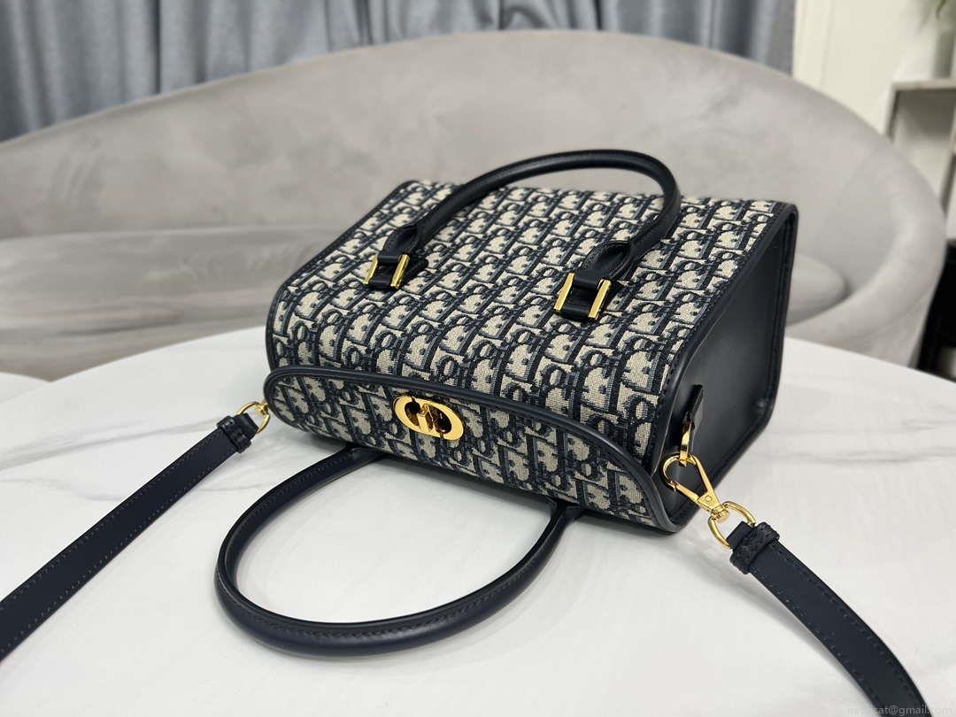 Dior M8675 Medium Boston bag Navy blue box Oblique Embroidery and Smooth Calfskin