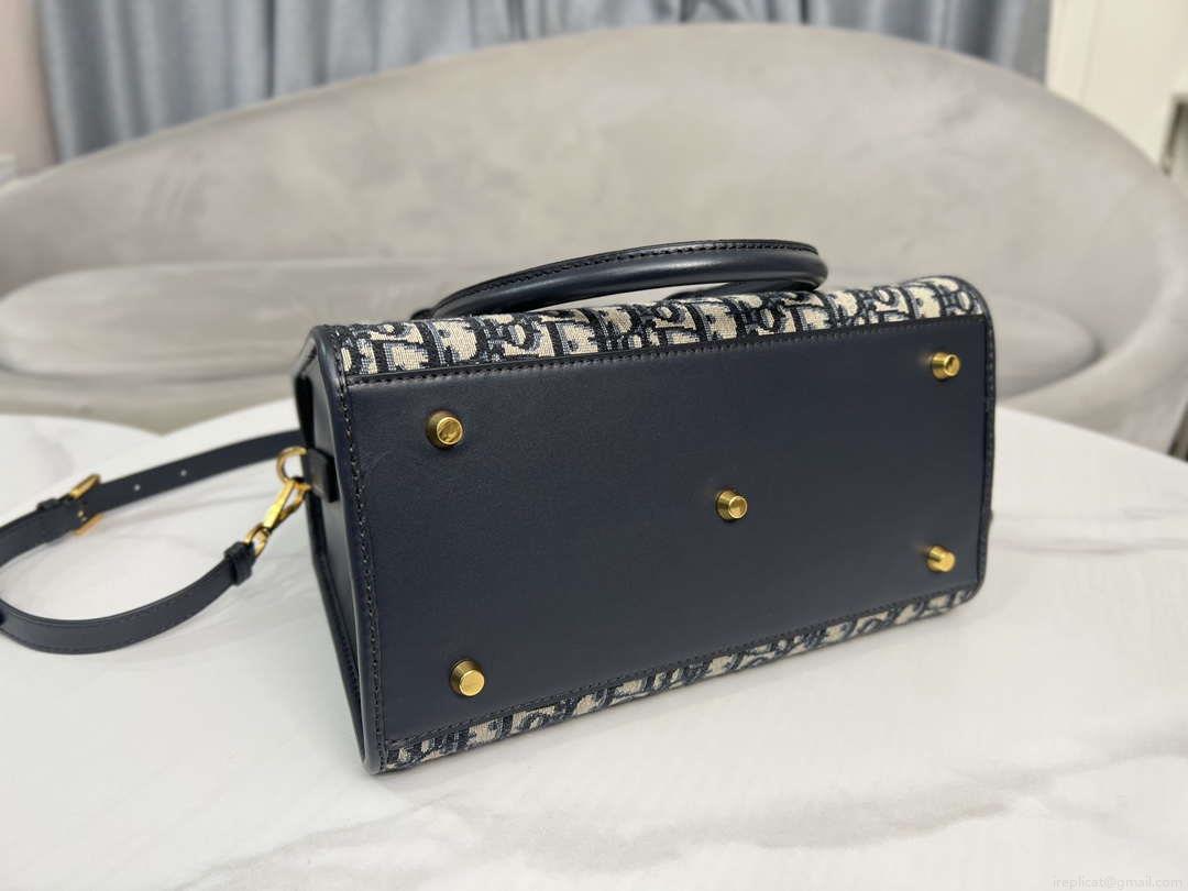 Dior M8675 Medium Boston bag Navy blue box Oblique Embroidery and Smooth Calfskin