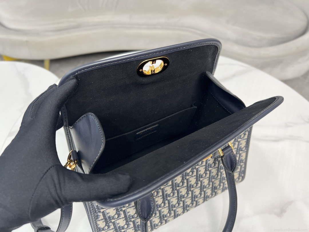 Dior M8675 Medium Boston bag Navy blue box Oblique Embroidery and Smooth Calfskin