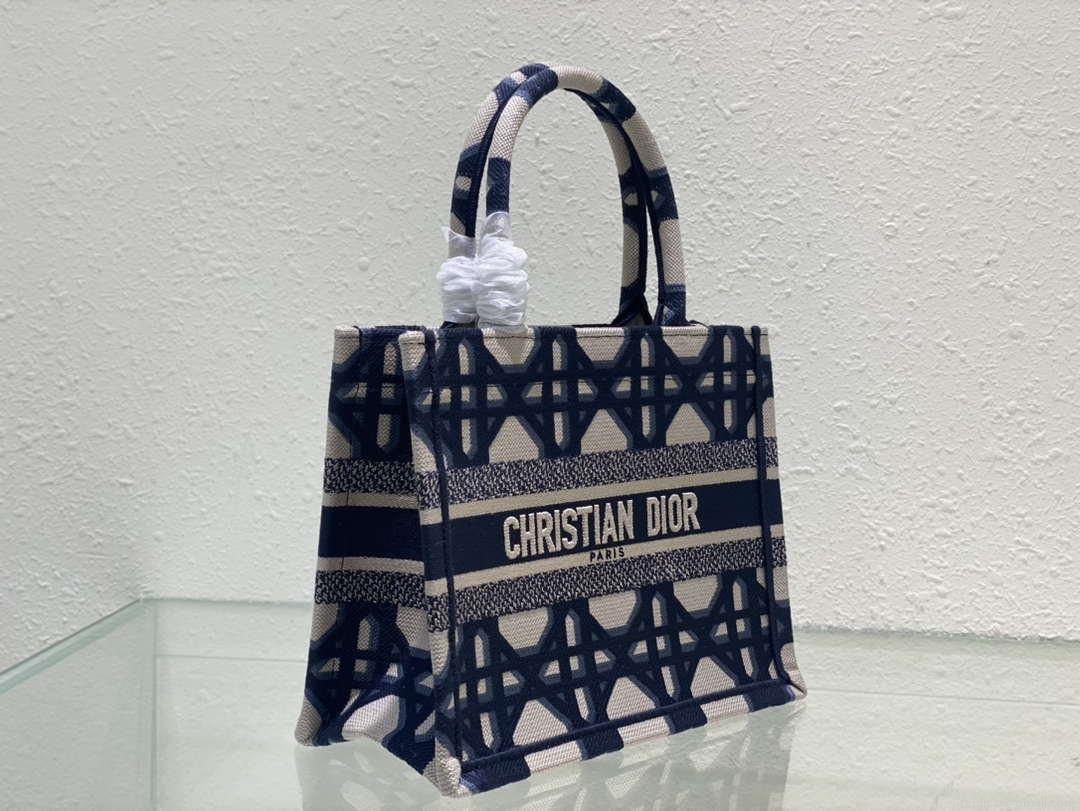 Dior M1265 Small Book Tote Beige and Blue Macrocannage Embroidery