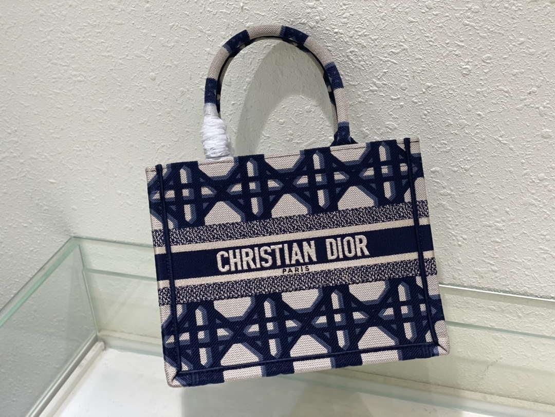 Dior M1265 Small Book Tote Beige and Blue Macrocannage Embroidery