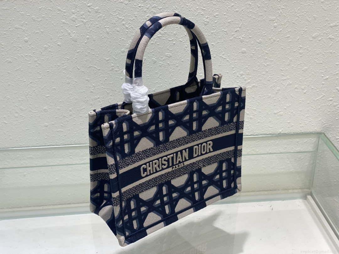 Dior M1265 Small Book Tote Beige and Blue Macrocannage Embroidery