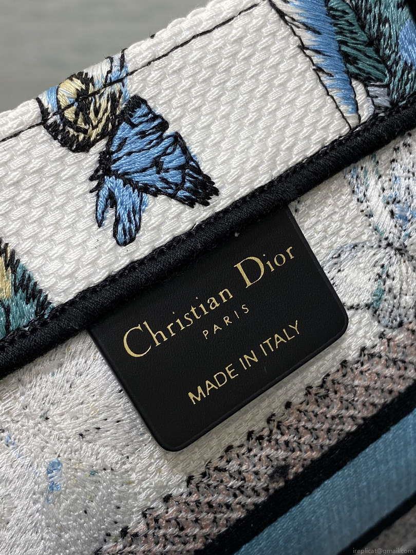 Dior M1265 Small Book Tote White and Pastel Midnight Blue Toile de Jouy Mexico Embroidery