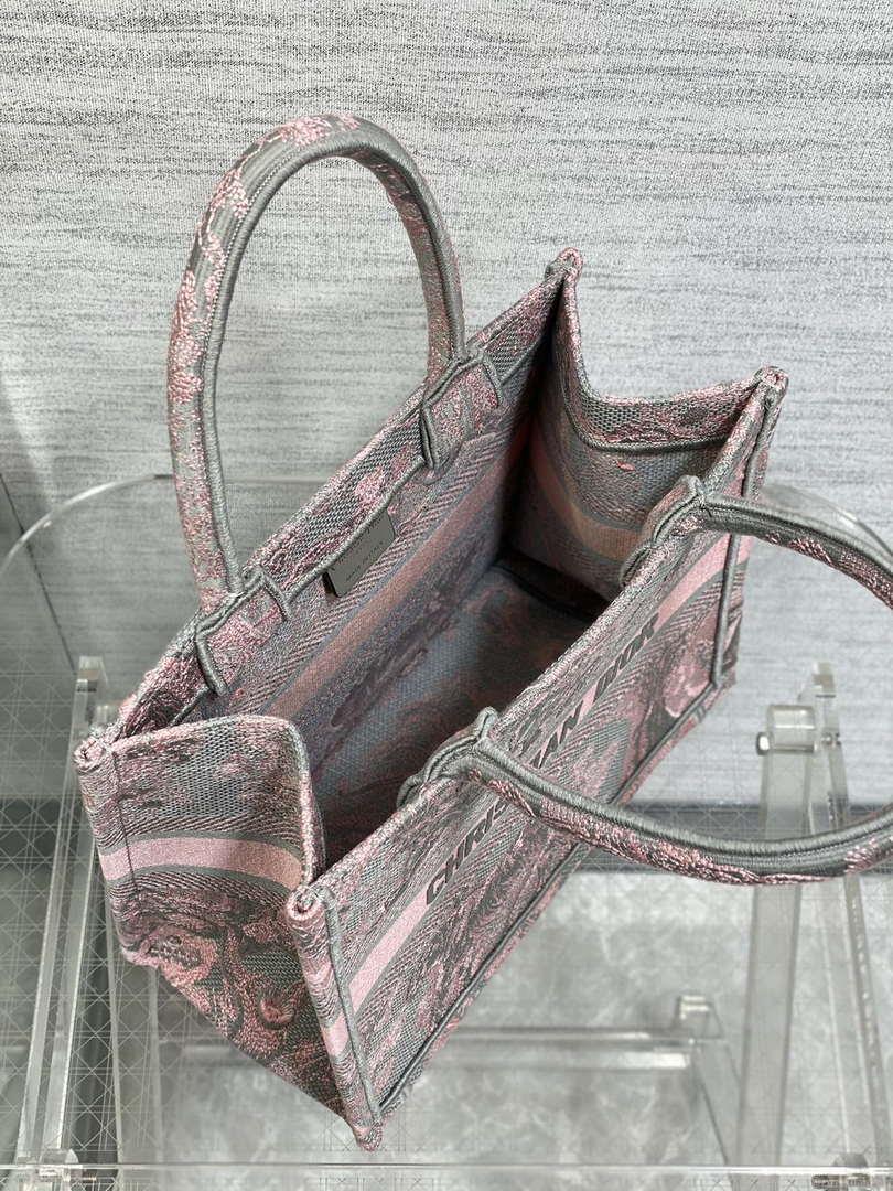 Dior M1265 Small Book Tote Pink and Gray Toile de Jouy Sauvage Embroidery