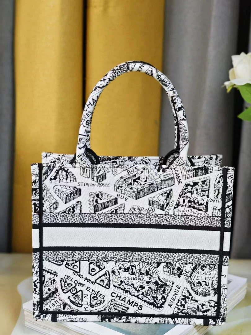 Dior M1265 Small Book Tote White and Black Plan de Paris Embroidery M9616