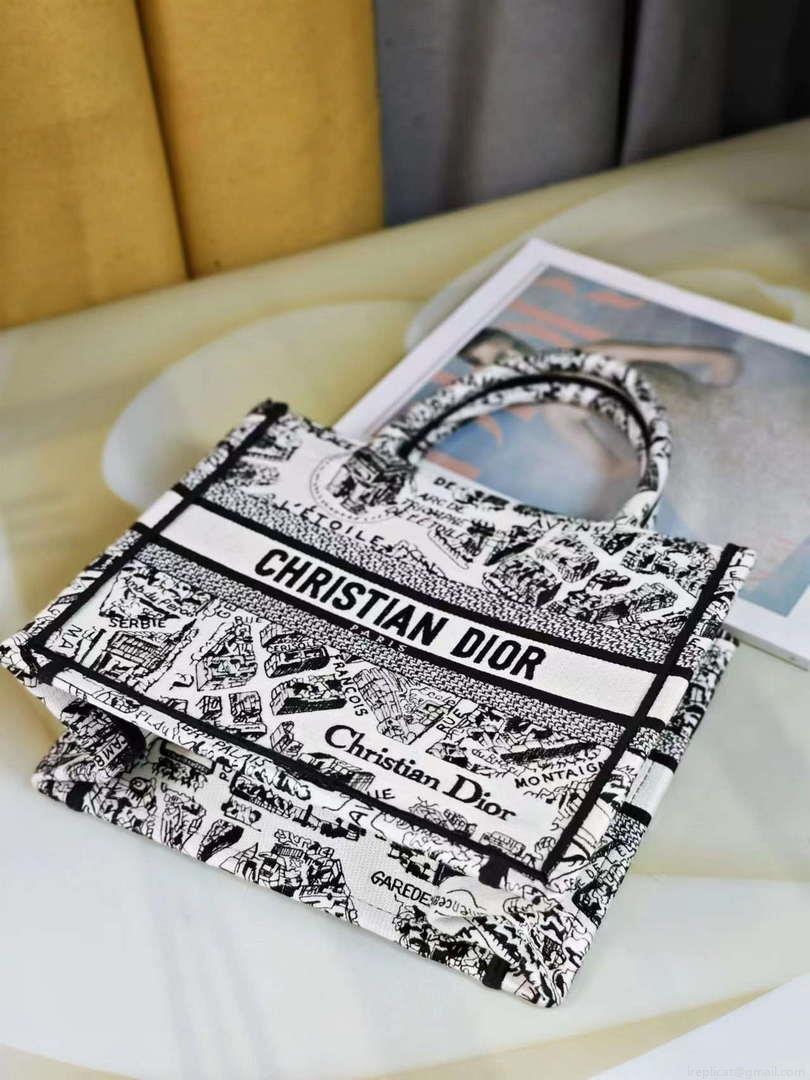 Dior M1265 Small Book Tote White and Black Plan de Paris Embroidery M9616