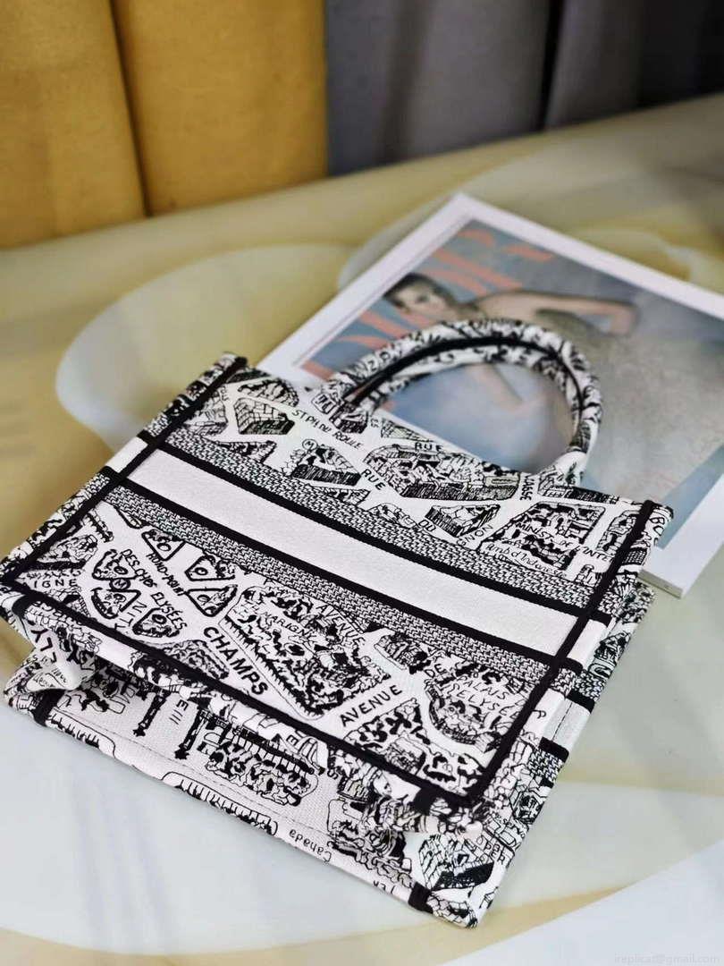 Dior M1265 Small Book Tote White and Black Plan de Paris Embroidery M9616