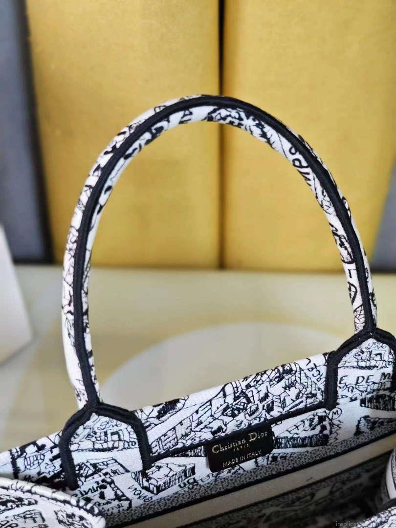 Dior M1265 Small Book Tote White and Black Plan de Paris Embroidery M9616