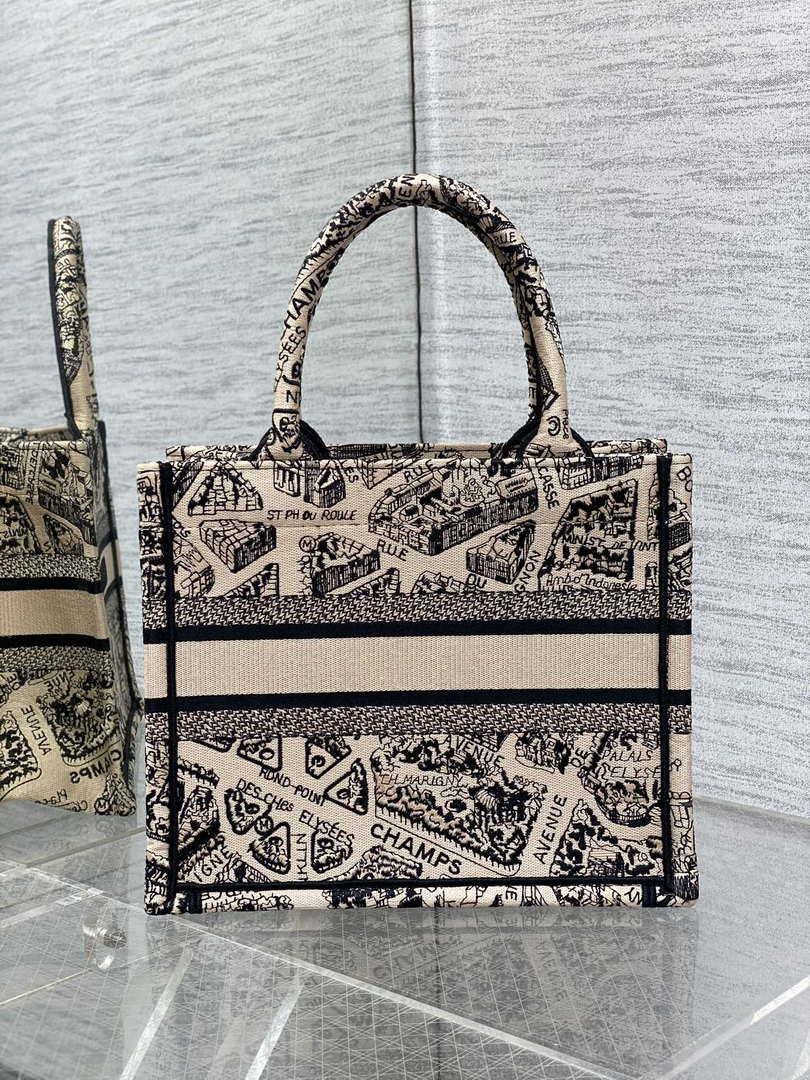Dior M1265 Small Book Tote Tan and Black Plan de Paris Embroidery M9617