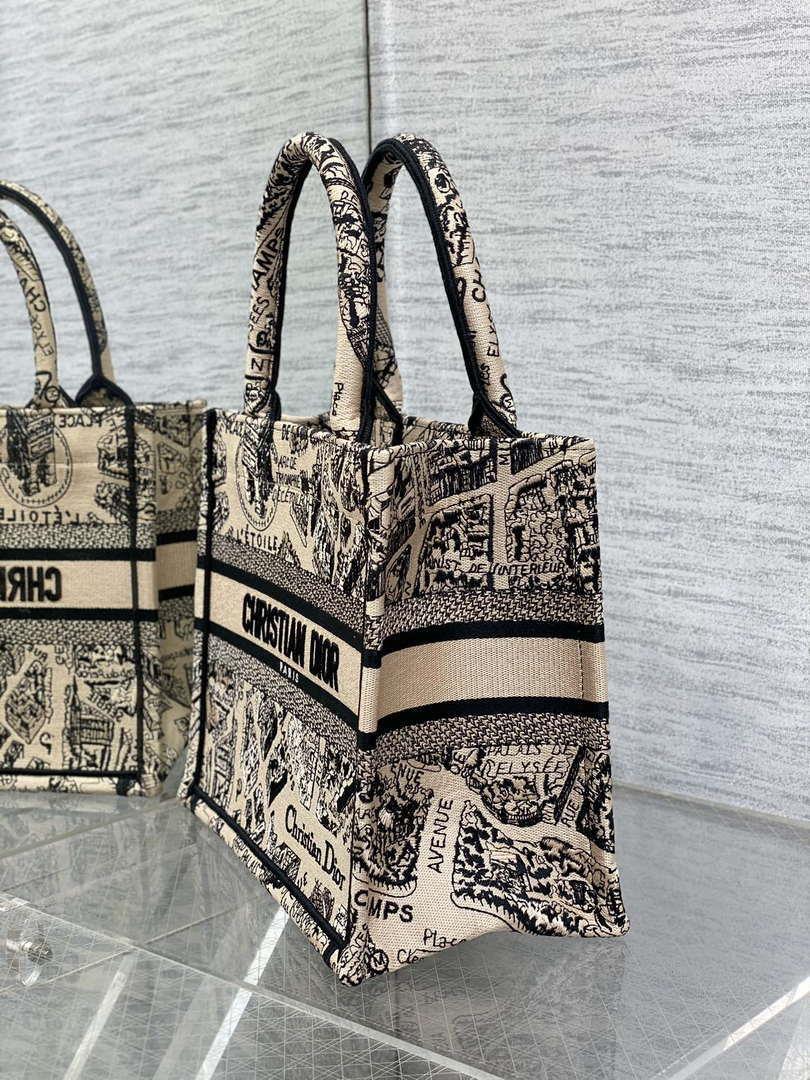 Dior M1265 Small Book Tote Tan and Black Plan de Paris Embroidery M9617