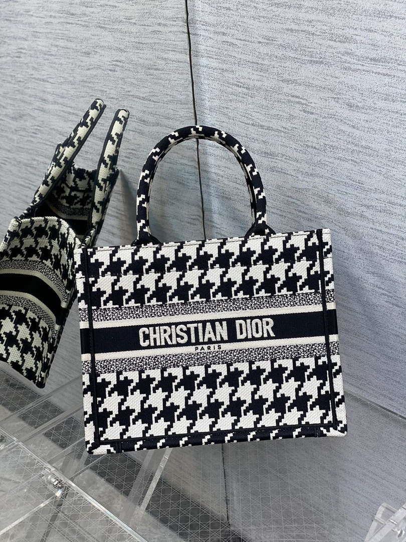 Dior M1265 Small Book Tote Black and White Macro Houndstooth Embroidery M9619