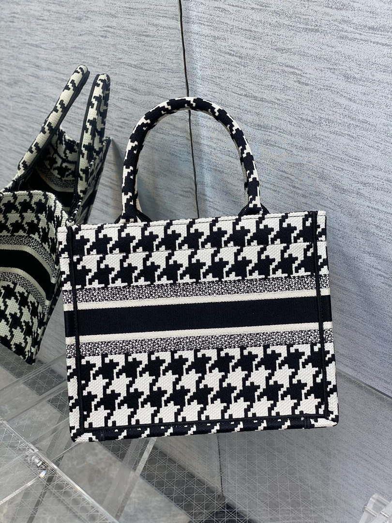 Dior M1265 Small Book Tote Black and White Macro Houndstooth Embroidery M9619