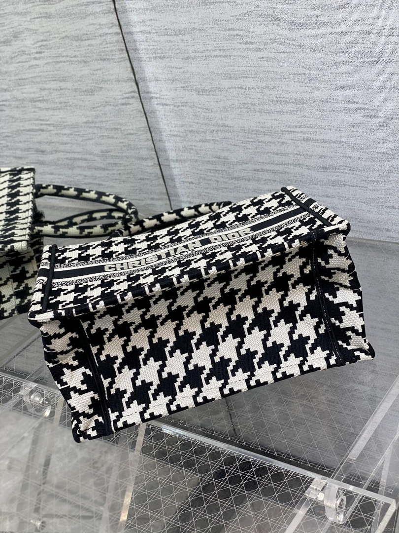 Dior M1265 Small Book Tote Black and White Macro Houndstooth Embroidery M9619