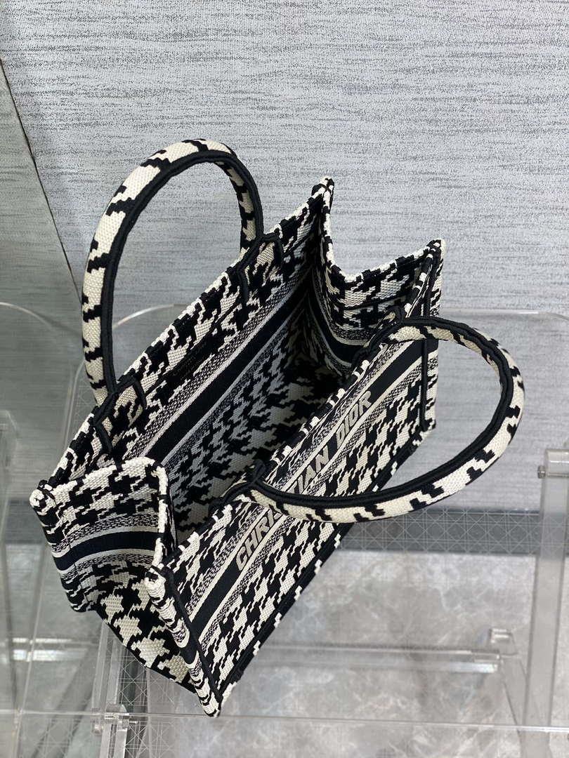 Dior M1265 Small Book Tote Black and White Macro Houndstooth Embroidery M9619