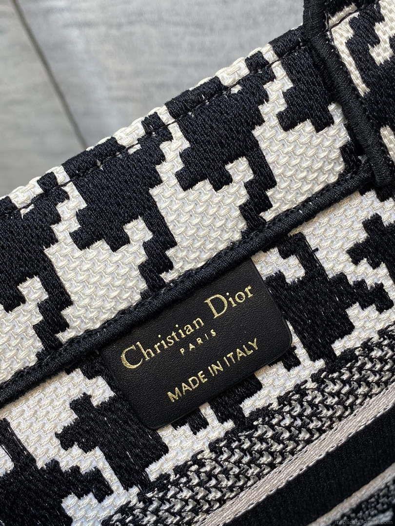 Dior M1265 Small Book Tote Black and White Macro Houndstooth Embroidery M9619