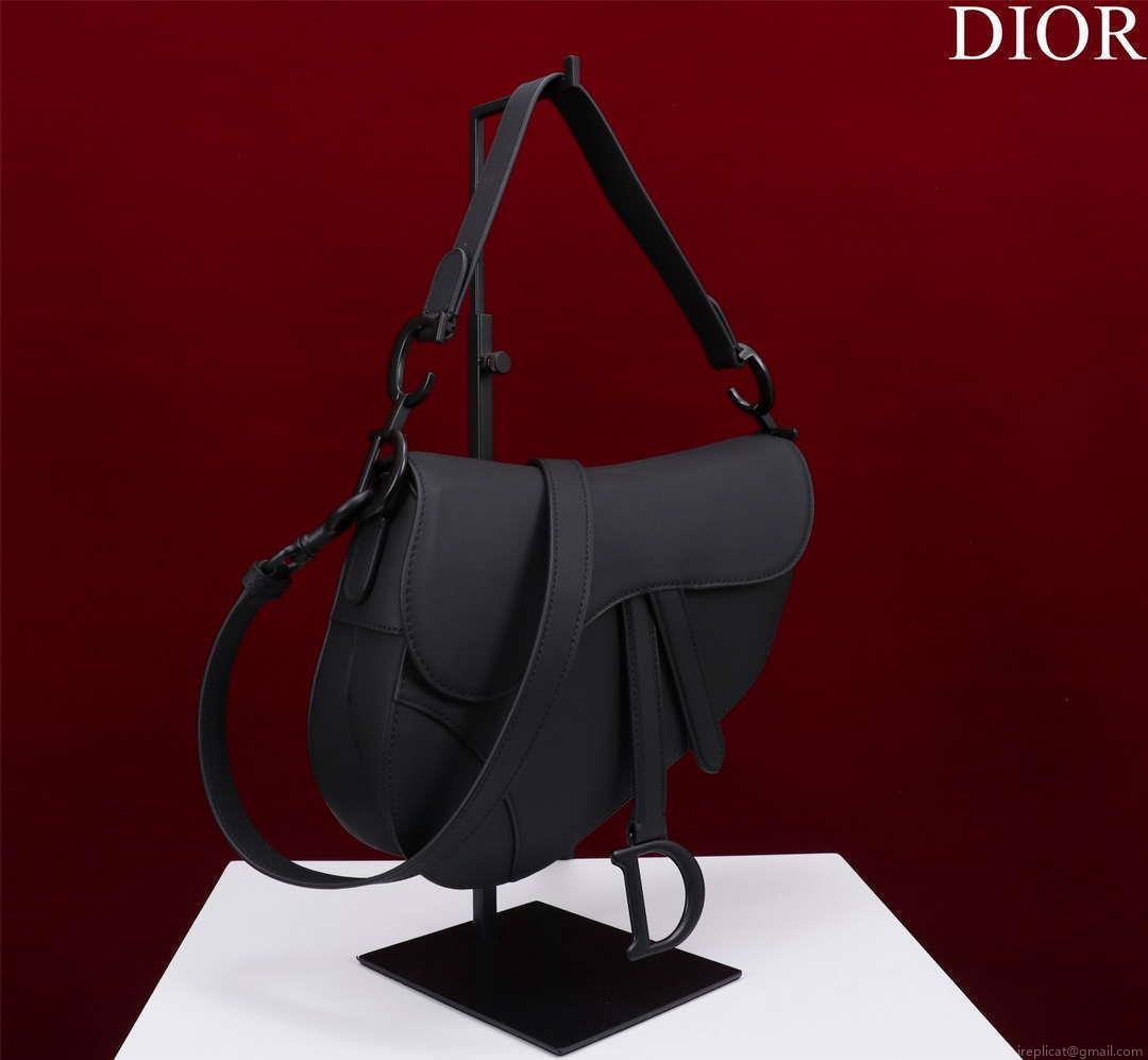 Dior M0456 Mini Saddle Bag With Strap plain matte Black Calfskin