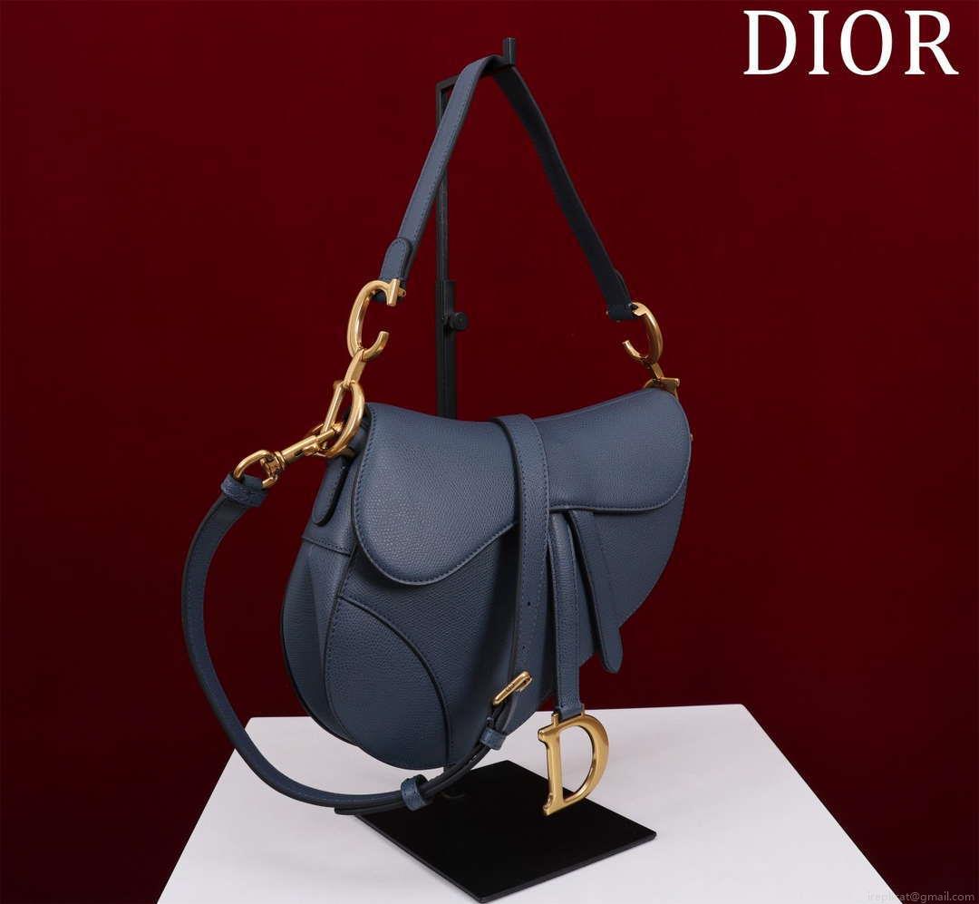 Dior M0455 Saddle Bag With Strap Navy Blue Grained Calfskin M0456