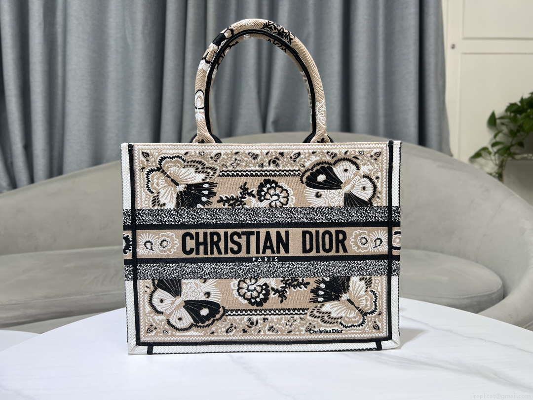 Dior M1296 Book Tote Medium Beige and White Butterfly Bandana Embroidery M095