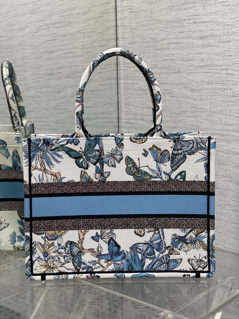 Dior M1296 Book Tote Medium White with Blue Butterfly Bandana Embroidery M104