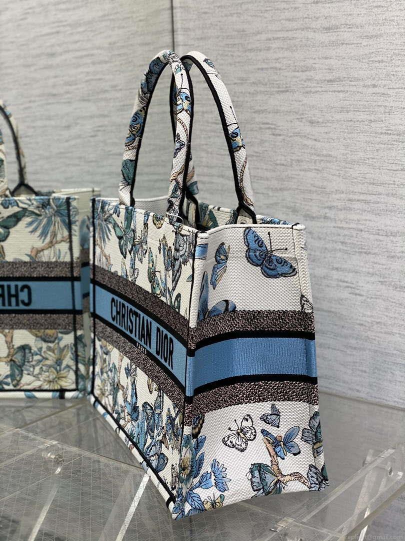 Dior M1296 Book Tote Medium White with Blue Butterfly Bandana Embroidery M104