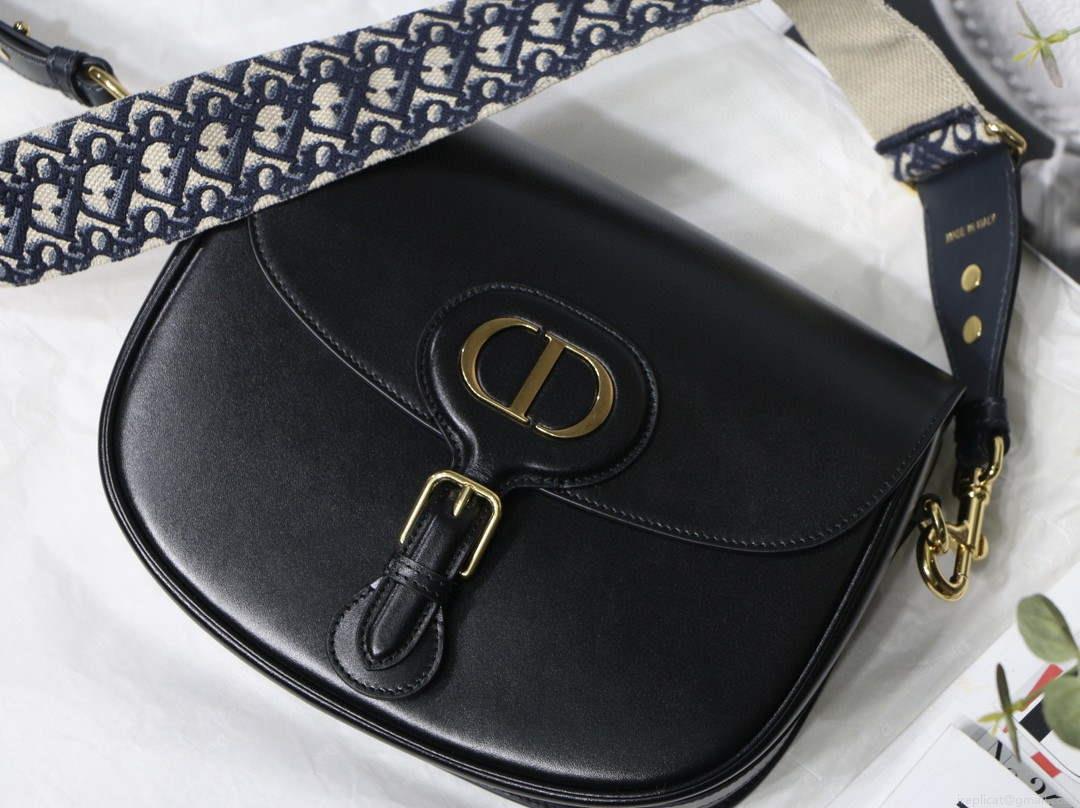 Dior M9320 Large Dior Bobby Bag Black Calfskin With Blue Oblique Embroidered Strap