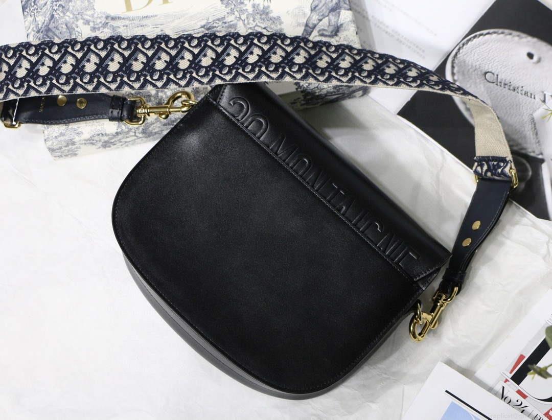 Dior M9320 Large Dior Bobby Bag Black Calfskin With Blue Oblique Embroidered Strap
