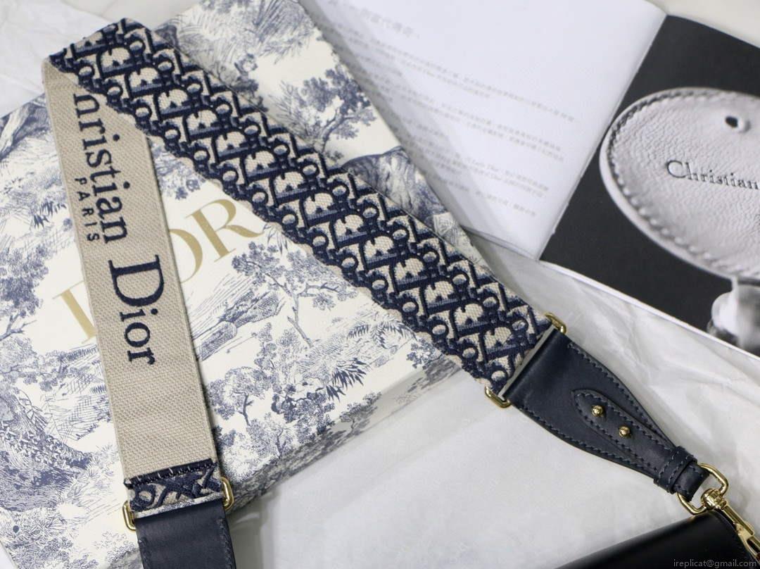 Dior M9320 Large Dior Bobby Bag Black Calfskin With Blue Oblique Embroidered Strap
