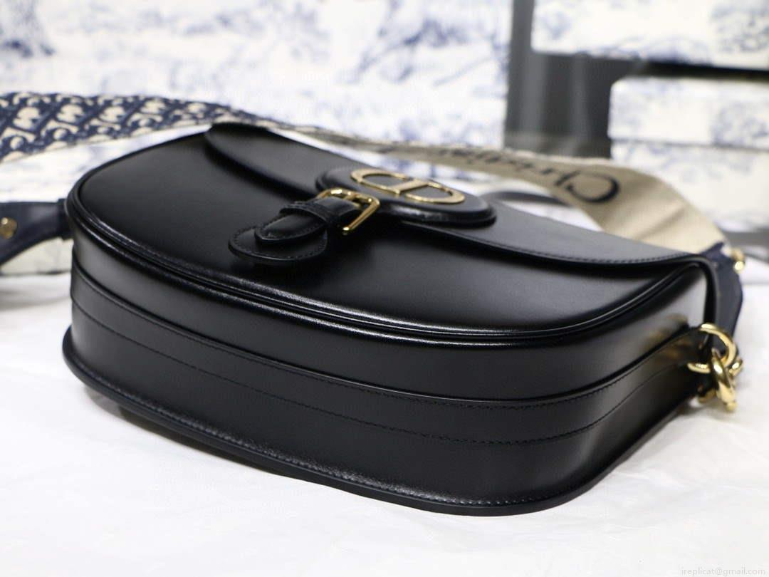 Dior M9320 Large Dior Bobby Bag Black Calfskin With Blue Oblique Embroidered Strap