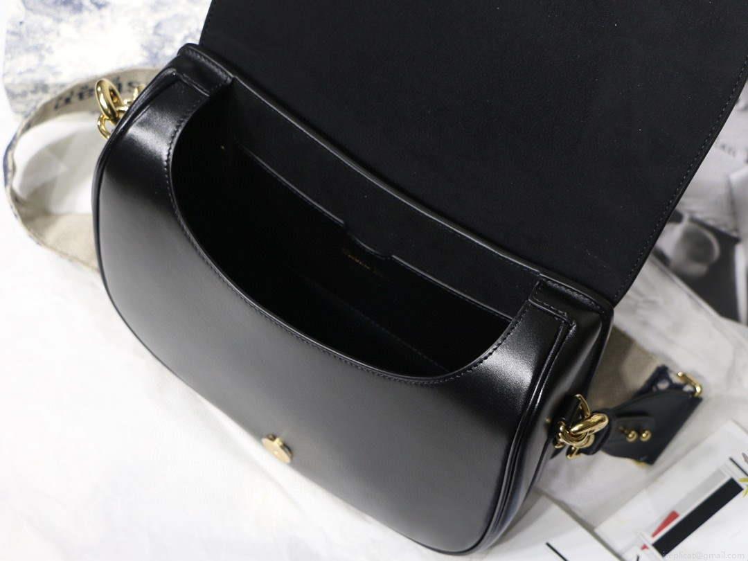 Dior M9320 Large Dior Bobby Bag Black Calfskin With Blue Oblique Embroidered Strap