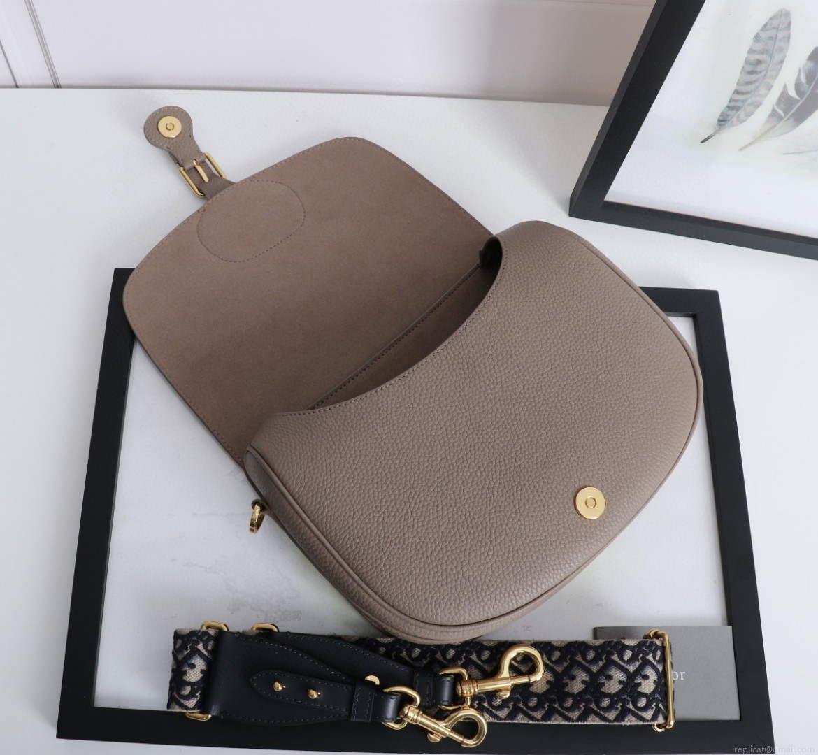 Dior M9320 Large Dior Bobby Bag Warm Taupe BoxCalfskin With Blue Oblique Embroidered Strap