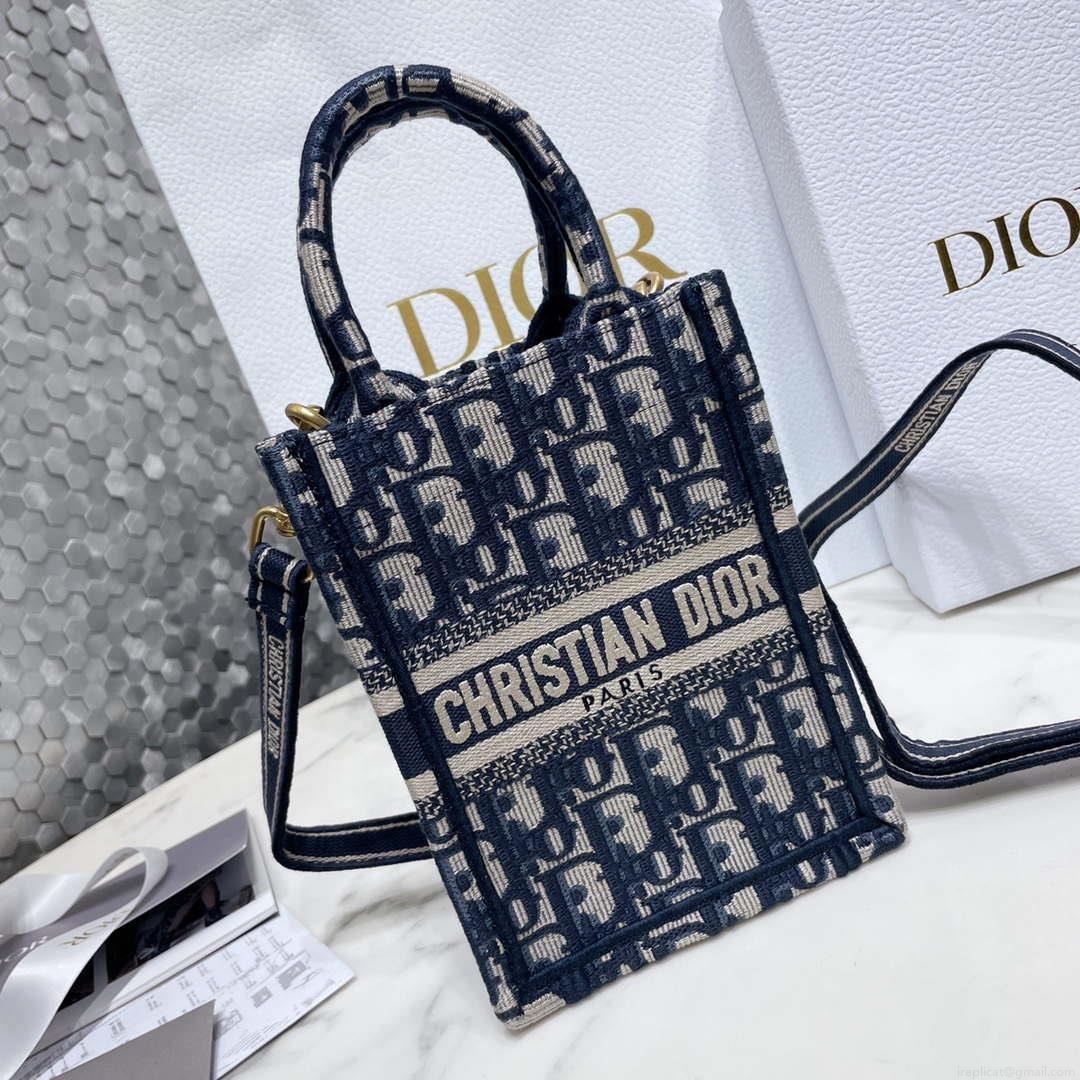 Dior S5555 Mini Dior Book Tote Phone Bag Blue Dior Oblique Embroidery