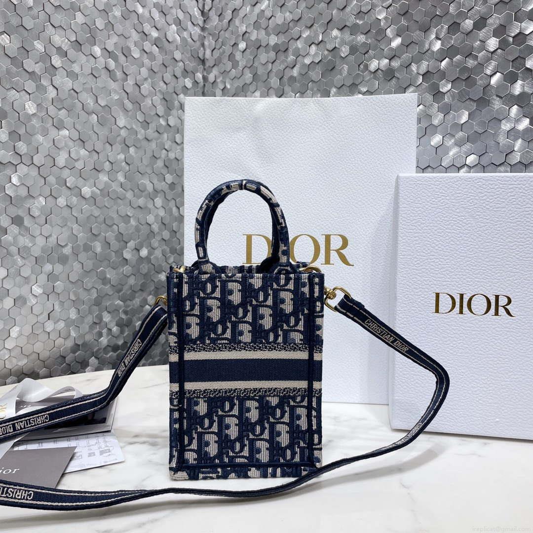 Dior S5555 Mini Dior Book Tote Phone Bag Blue Dior Oblique Embroidery
