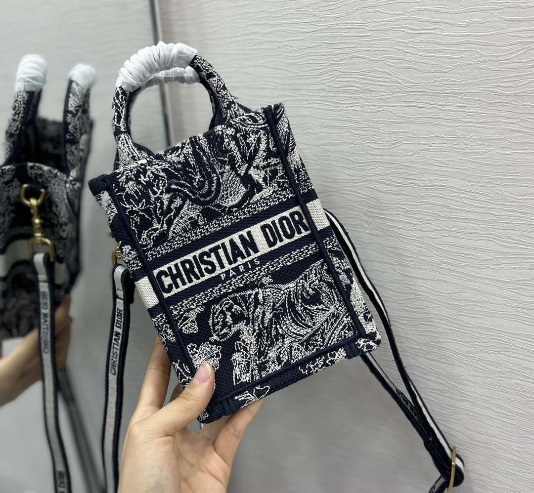 Dior S5555 Mini Dior Book Tote Phone Bag Blue Toile de Jouy Reverse Embroidery