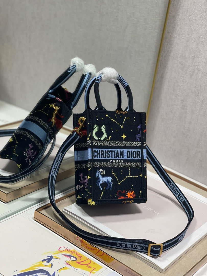 Dior S5555 Mini Dior Book Tote Phone Bag black multicolor petites fleurs embroidery