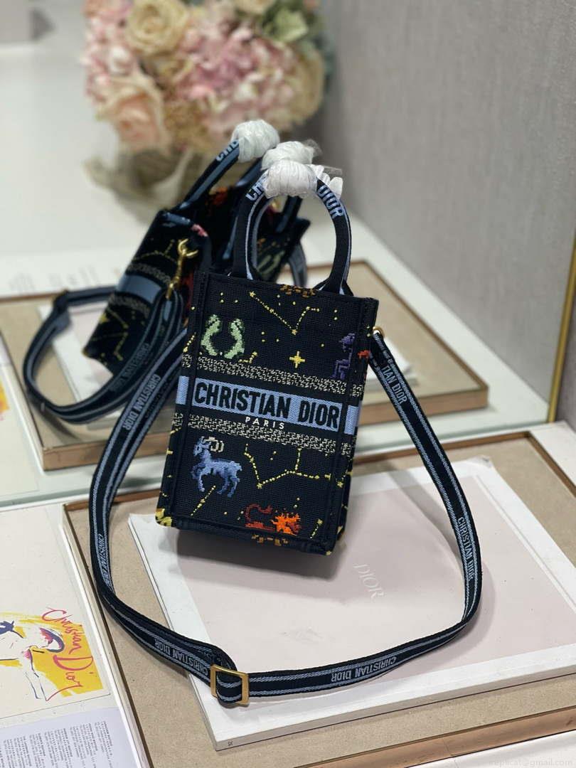 Dior S5555 Mini Dior Book Tote Phone Bag black multicolor petites fleurs embroidery