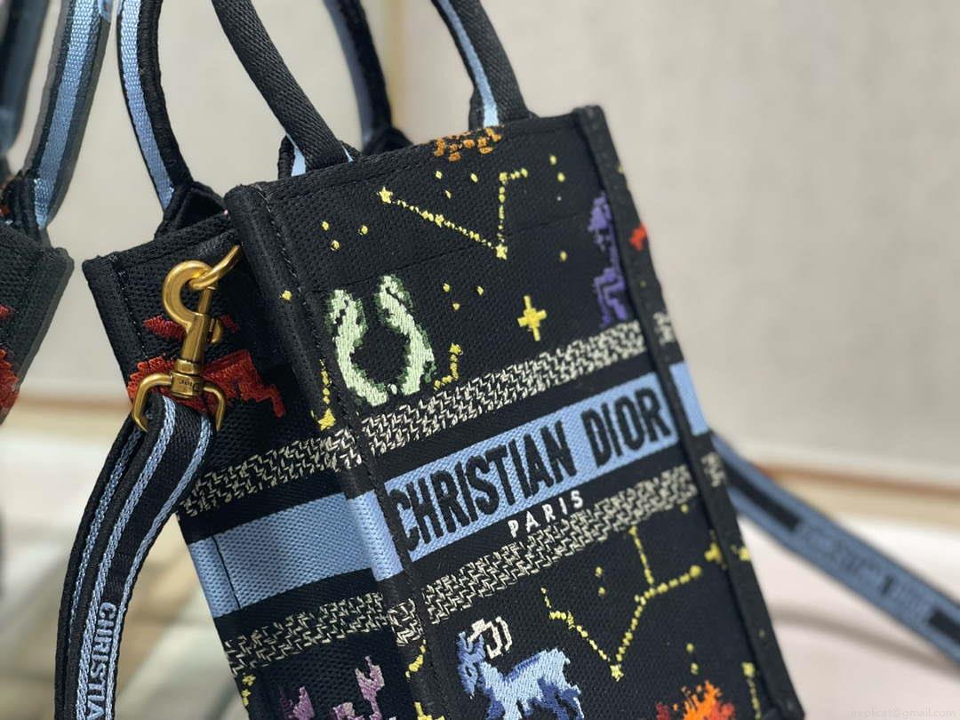 Dior S5555 Mini Dior Book Tote Phone Bag black multicolor petites fleurs embroidery