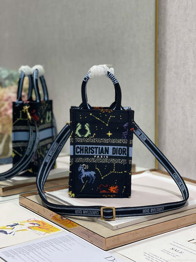 Dior S5555 Mini Dior Book Tote Phone Bag black multicolor petites fleurs embroidery