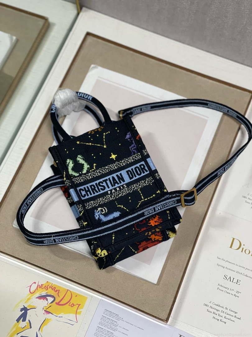 Dior S5555 Mini Dior Book Tote Phone Bag black multicolor petites fleurs embroidery