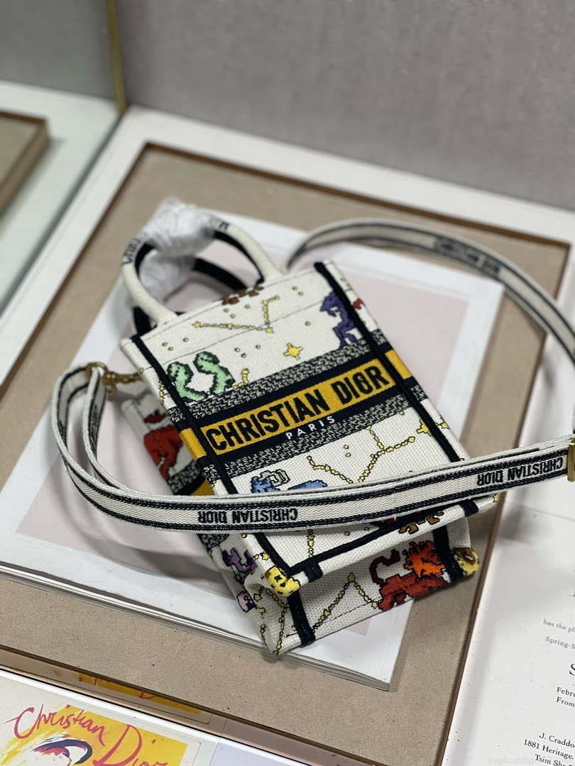 Dior S5555 Mini Dior Book Tote Phone Bag White multicolor Deer embroidery S1105