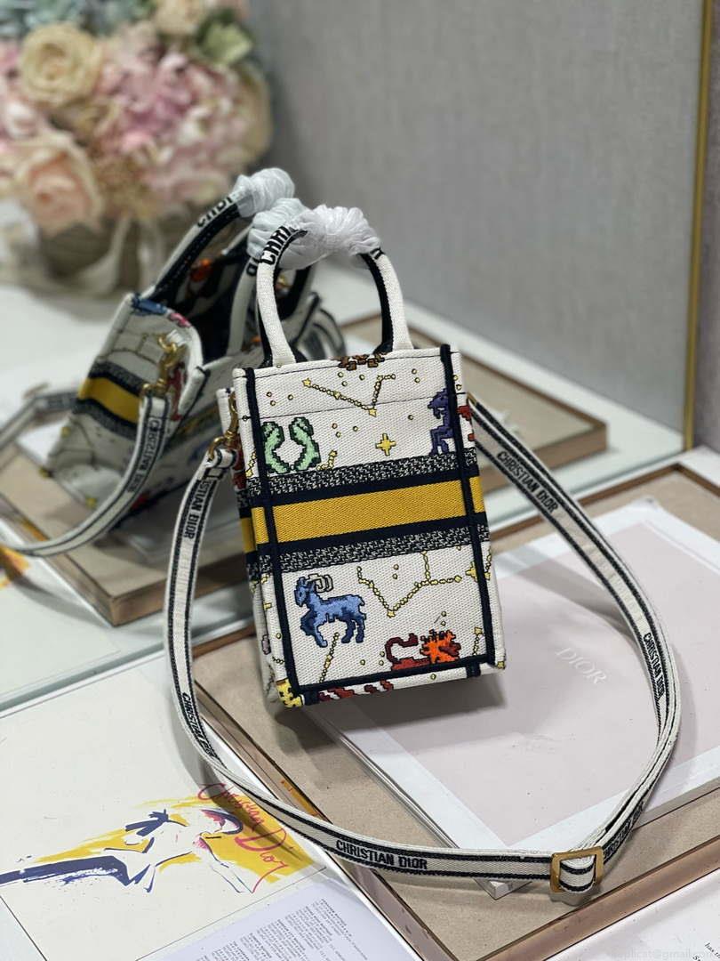 Dior S5555 Mini Dior Book Tote Phone Bag White multicolor Deer embroidery S1105