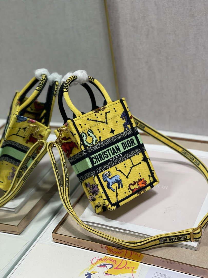 Dior S5555 Mini Dior Book Tote Phone Bag Yellow multicolor Deer embroidery S1106