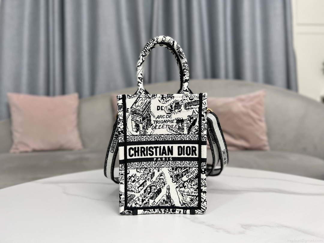Dior S5555 Mini Dior Book Tote Phone Bag White and Black Eembroidery S1108
