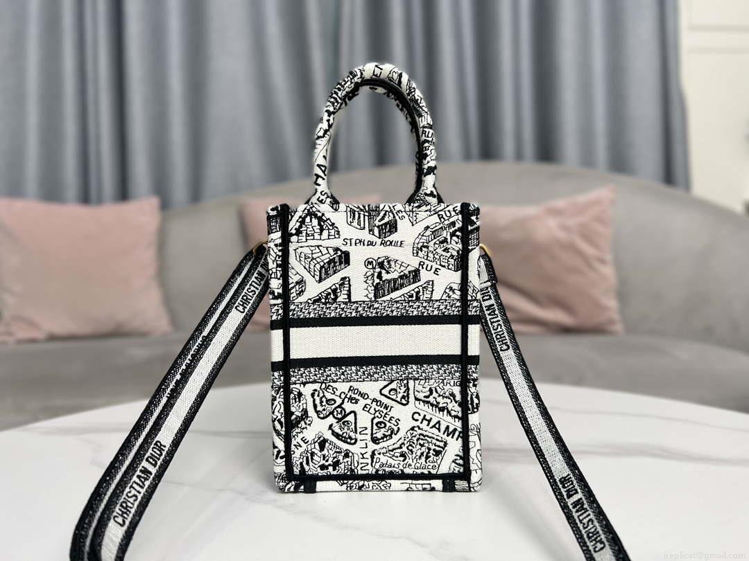 Dior S5555 Mini Dior Book Tote Phone Bag White and Black Eembroidery S1108