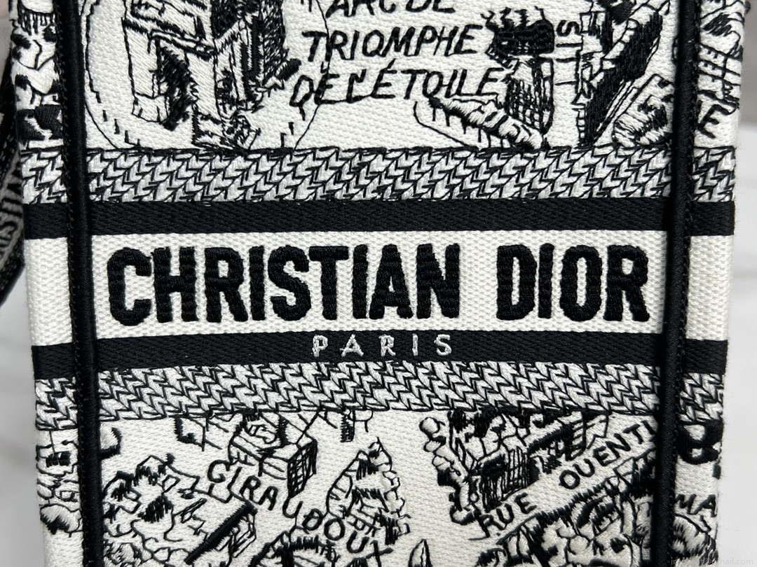 Dior S5555 Mini Dior Book Tote Phone Bag White and Black Eembroidery S1108