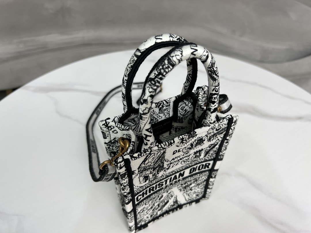 Dior S5555 Mini Dior Book Tote Phone Bag White and Black Eembroidery S1108