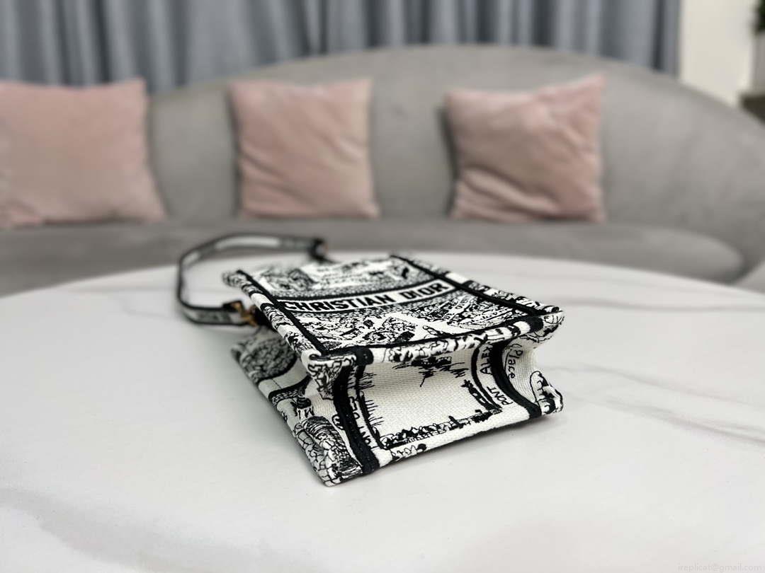Dior S5555 Mini Dior Book Tote Phone Bag White and Black Eembroidery S1108