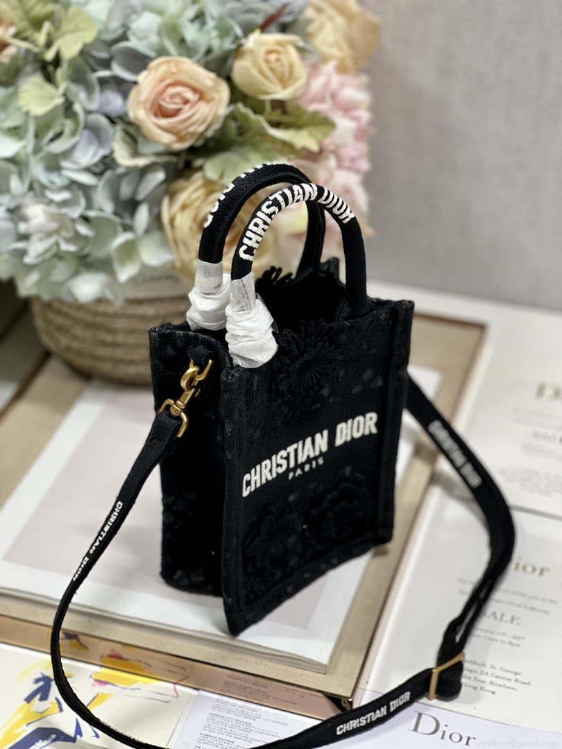 Dior S5555 Mini Dior Book Tote Phone Bag Black lace flowers S1108